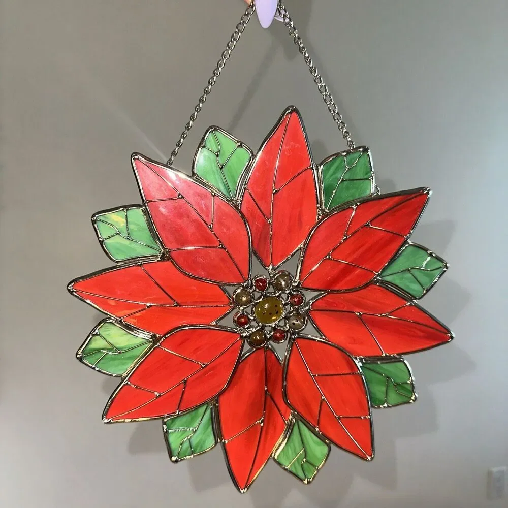 Stained‎ Glass Pointsettia Christmas Flower Wreath Door Window Decor Sun Catcher